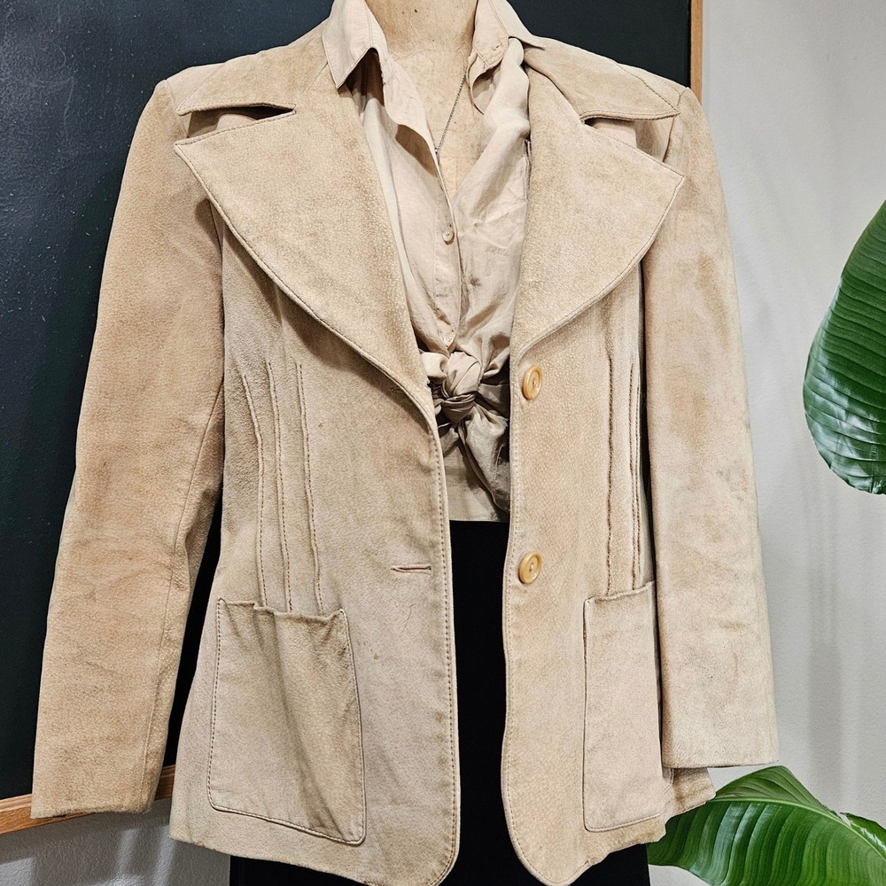 Vintage 70s Suede Leather Jacket Womens Tan Beige Wide Lapel Western Boho